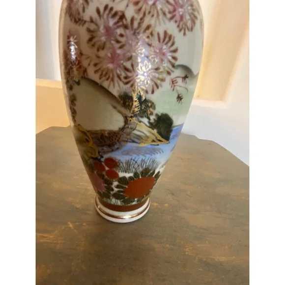 Vintage Oriental Vase Hand Painted Bird Floral Gold Trim Accent Decor